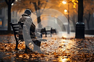 Sad senior man sitting alone on a bench in city park on autumn day. Elderly man enjoying nice fall weather