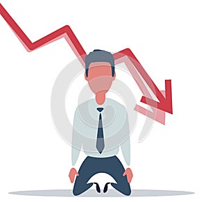 Sad Shocked Businessman Vector. Losing Money. Graph Going Down. Male Standing On His Knees.