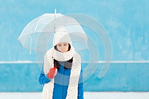 Sad Sick Winter Woman Holding Transparent Umbrella