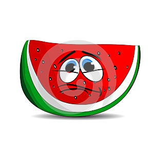Sad slice of watermelon, cartoon on white background.
