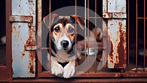 Sad stray homeless dog in an animal shelter cage. An old rusty cage cage in a homeless animal shelter. Generated AI.