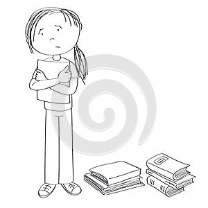 Sad and stressed teenage student standing and holding a list of paper, stack of books around her - original hand drawn