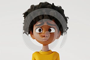 Sad stressed upset African cartoon character girl teen young woman person wearing yellow sweater in 3d style design on light