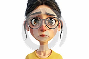 Sad stressed upset cartoon character young adult woman female person in glasses portrait in 3d style design on light background.