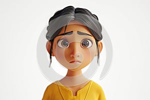 Sad stressed upset Indian cartoon character young adult woman girl teen person wearibg yellow dress portrait in 3d style design on