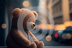 A sad teddy bear looks out the window. Concept of longing and loneliness.