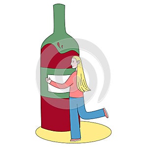 Sad teen girl hugs a bottle of wine. A young woman and alcohol. Alcohol abuse, excess and addiction.