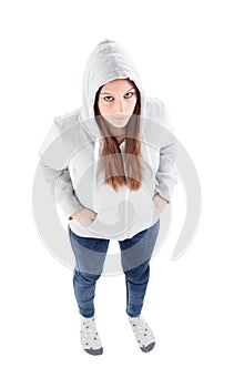 Sad teenager girl with gray sweatshirt hooded