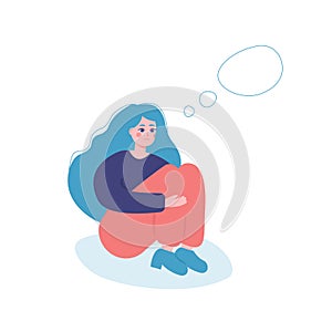 Sad thinking girl with speech bubble. Emotion, face, expression, mental stress, depression, boredom, frustration, fatigue concept