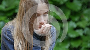 Sad Thoughtful Child in Park, Unhappy Kid, Depressed Teenager Girl Not Playing, Depression of Adolescents in Coronavirus Pandemic