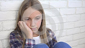 Sad Thoughtful Girl, Sick Teenager Child, Unhappy Expression of Kid, Abused Adolescent, Hopeless Ill Young Face in Depression