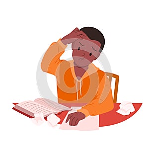 Sad tired kid doing homework, difficulty of creativity, imagination and learning in child