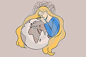 Sad Ukrainian woman hug planet earth