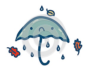Sad umbrella and falling leaves hand drawn isolated vector illustration. Perfect design for posters, cards, stickers, print