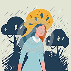 Sad, unhappy girl, depression concept, flat vector illustration. Depressed, unhappy girl. Mental health