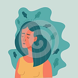 Sad, unhappy girl, depression concept, flat vector illustration. Depressed, unhappy girl. Mental health