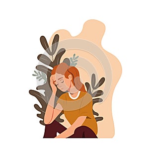 Sad, unhappy girl, depression concept, flat vector illustration. Depressed, unhappy girl. Mental health