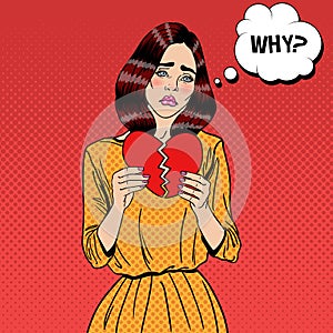 Sad Unhappy Pop Art Woman Tearing Paper Red Heart