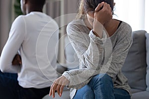 Sad unhappy woman wife turn back to black selfish husband