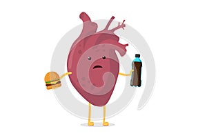 Sad unhealthy sick cartoon heart character with fast food soda beverage bottle and burger. Human circulatory organ