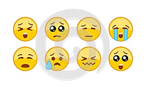 Sad, upset emoji icon set. Smiley, emoticons. Facial expression on isolated white background. EPS 10 vector