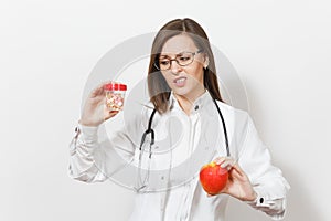 Sad upset pretty young doctor woman with stethoscope, glasses isolated on white background. Female doctor in medical