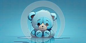 sad wet blue teddy bear, on a blue background, blue monday, copy space, banner