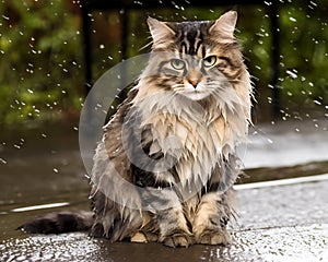 Sad and wet cat in a rainy day