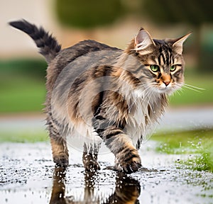 Sad and wet cat in a rainy day