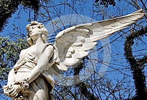 Sad white marble angel sculpture with open long wings across the frame and against a bright sunny blue sky.
