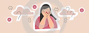 Sad woman or aloof girl teenager alone with question flat vector illustration sticker. Doubt female character thinking photo