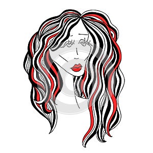 Sad woman with beautiful hair and red lips. Digital sketch grafic black and white style. Vector illustration.