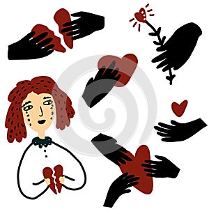 Sad woman with broken heart. Hands with hearts. heartbreak, love, relationship concept illustration