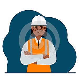 Sad woman construction worker in a white helmet and an orange vest. Engineer. Vector