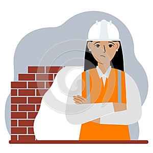 Sad woman construction worker in a white helmet and an orange vest. Engineer. Vector