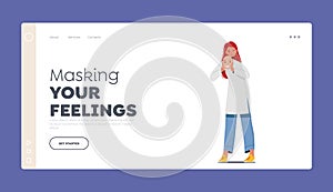 Sad Woman Covering Face With Smiling Mask Landing Page Template. Impostor Syndrome, Hypocrisy, Split Personality