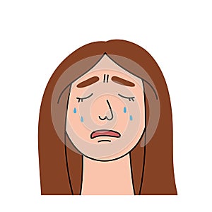 Sad woman cries with pain and grief. Sobbing girl flat character sheds tears, expresses the emotions of misfortune and despair .