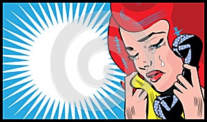 Sad Woman cry and talking with phone pop art illustration social media symbol