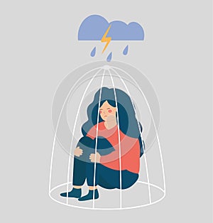 Sad woman or girl needs help inside a closed cage. Concept of restrictions