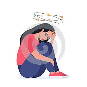 Sad woman having dizzy symptoms. Sick person sitting on ground with dizzy head, suffering from pain. Stress, dizziness, accident,