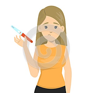 Sad woman holding negative pregnancy test. Infertility concept.