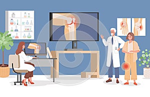 Sad woman with knee pain at doctor appointment in hospital vector flat illustration. Trauma, emergency room.