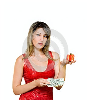 Sad Woman with money and gift