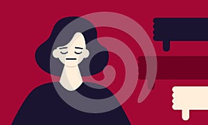 Sad woman on a red background and hands symbol do not like. Criticism concept. Vector illustration