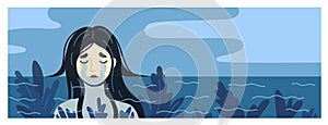 Sad woman in the sea of tears. Concept of apathy, depression, fatigue and psychological disorder. Vector hand-drawn photo
