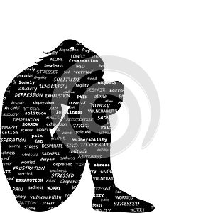 Sad woman silhouette with typography pattern