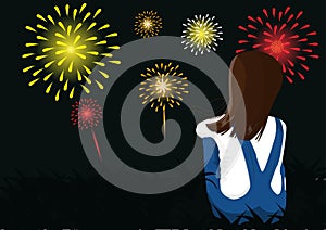 Sad woman sitting alone on top of a mountain Watch a fireworks display that is celebrated all over the city. flat style cartoon