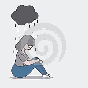 Sad woman sitting under dark cloud vector