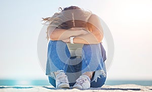 Sad woman, stress or depression by beach, ocean nature or sea environment and bipolar, psychology crisis or mind crisis