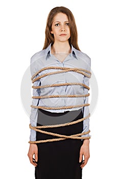 Sad woman tied a strong rope photo